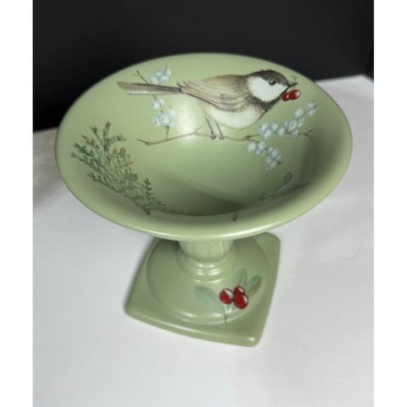 Pfaltzgraff Winterwood Pedestal Compote Dish Bird Berries Winter ChristmastCandy - Picture 1 of 7